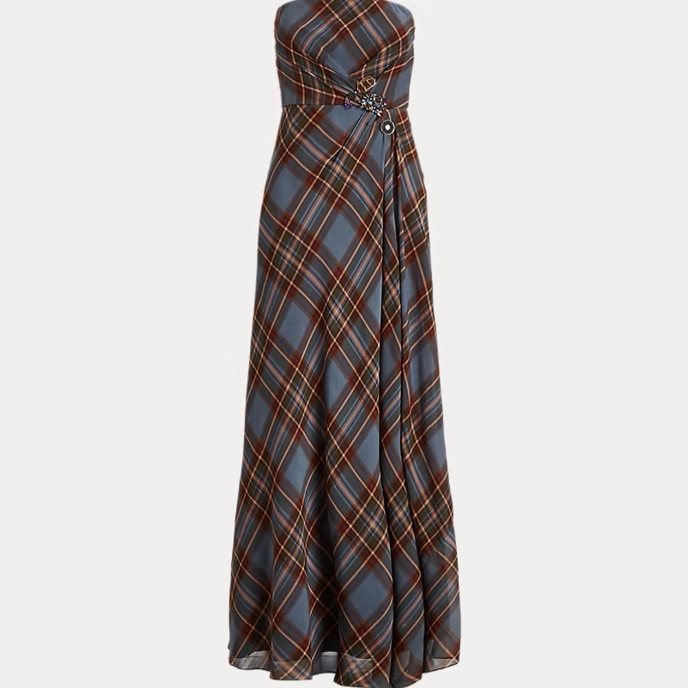Lauren by Ralph Lauren Plaid Crinkle Georgette Strapless Gown